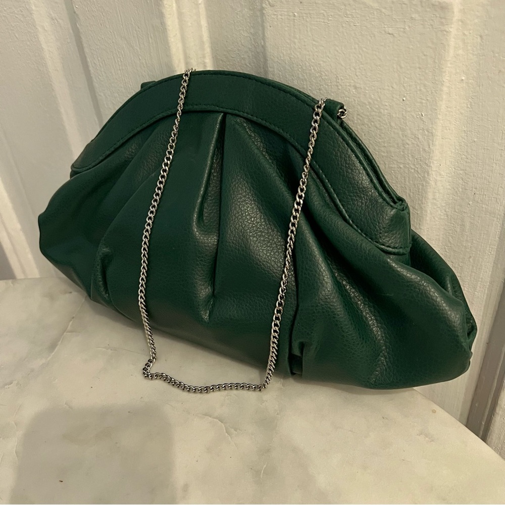 Bottega Veneta style dark green clutch bag With silver chain